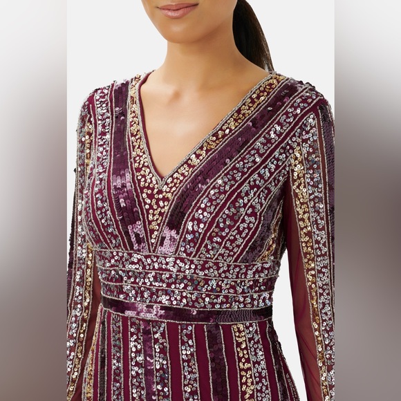 ADRIANNA PAPELL Stripe Bead Sheath Dress cocktail sequin purple 8 long sleeve - Picture 2 of 6